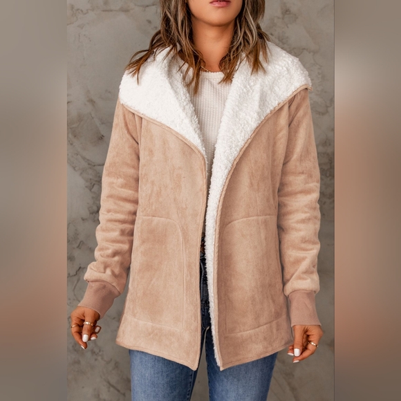 Open Front Long Sleeve Sherpa Jacket with Pockets - Picture 3 of 5